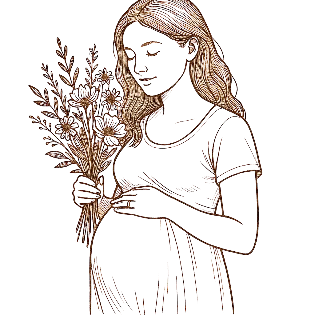 sketch of pregnant woman holding flowers with eyes softly closed
