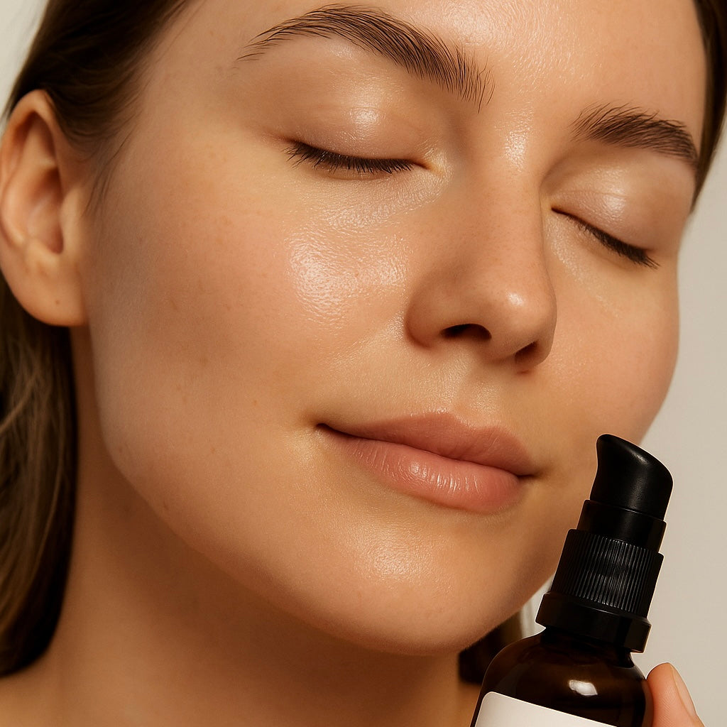 Person holding a skincare bottle to their face against a neutral background