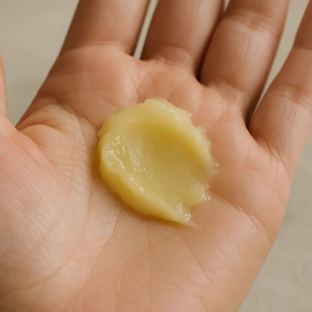 Hand with white background and glob of Psalm Balm in palm of hand