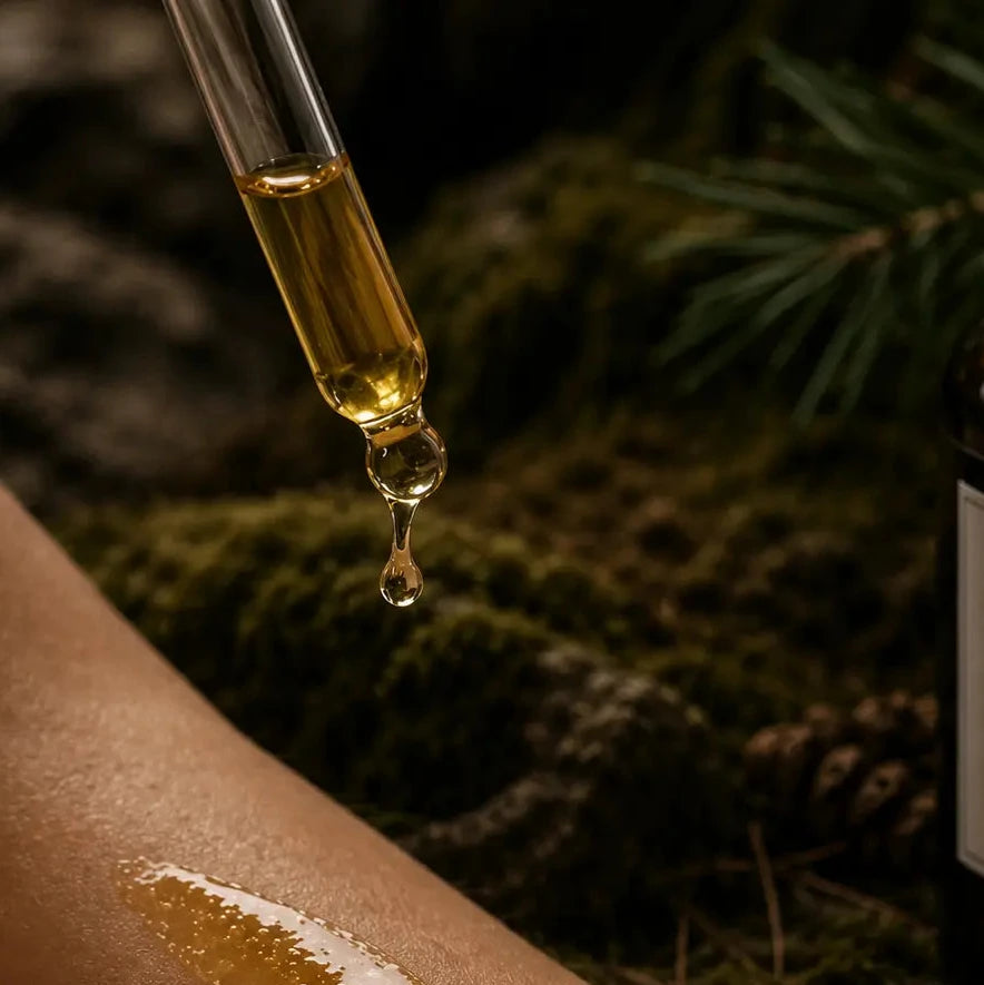 TSORI ANCESTRAL BODY OIL dropper being used on skin with a natural background