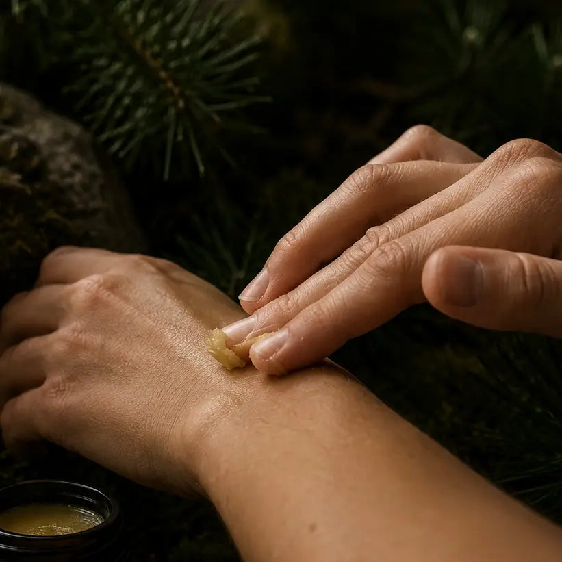 Person applying a green substance to their wrist with a natural background