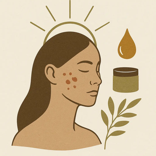 Minimalist illustration of a woman with hormonal acne, olive halo, oil drop, jar, and botanical sprig on an off-white background.