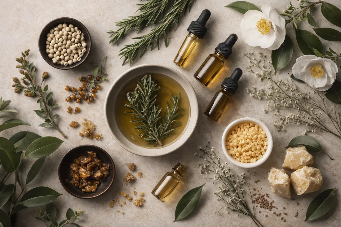 Minimalist flat lay of whole-plant skincare ingredients, including botanical oils, resins, seeds, and amber glass bottles on a neutral stone surface.