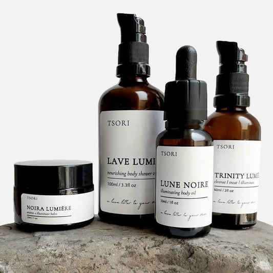 TSORI ritual set skincare line white background on rock