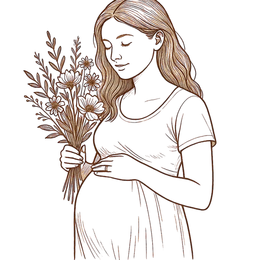sketch of pregnant woman holding flowers with eyes softly closed