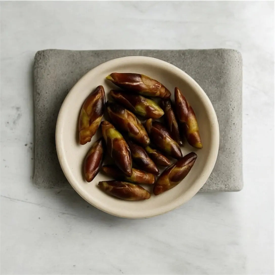 neutral textured background with bowl of balm of gilead buds in ceramic on stone counter gray, white, beige 