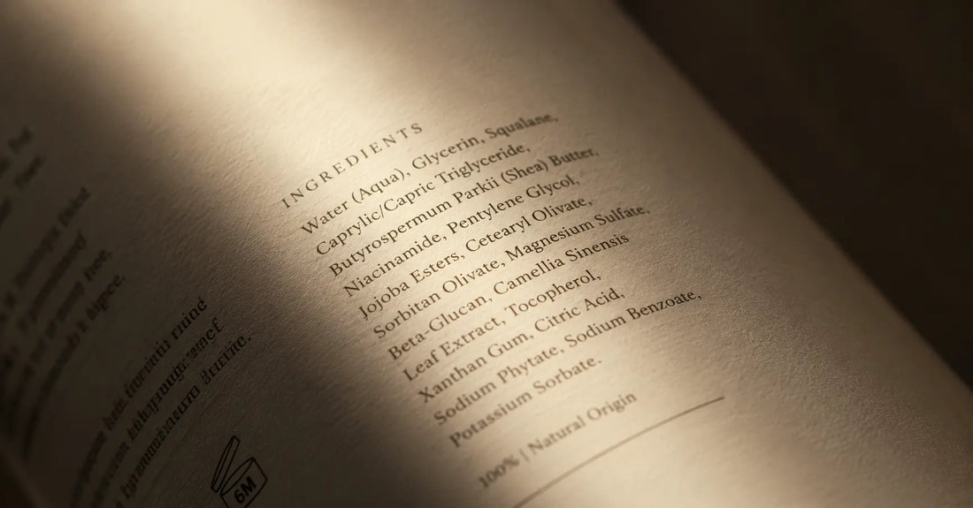 Close-up of a skincare ingredient list on an amber bottle label lit by warm natural light, with shallow depth of field and soft film grain creating a calm editorial mood.