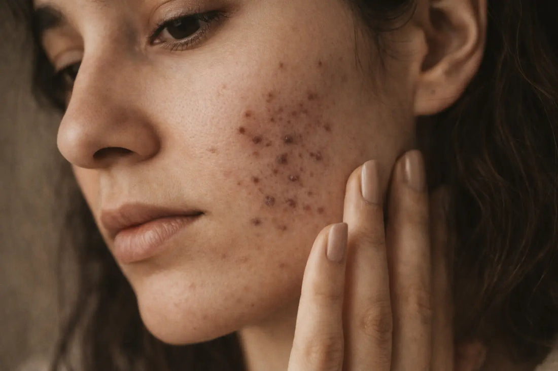 Close-up of a woman’s cheek with visible acne marks, softly lit in warm neutral tones.