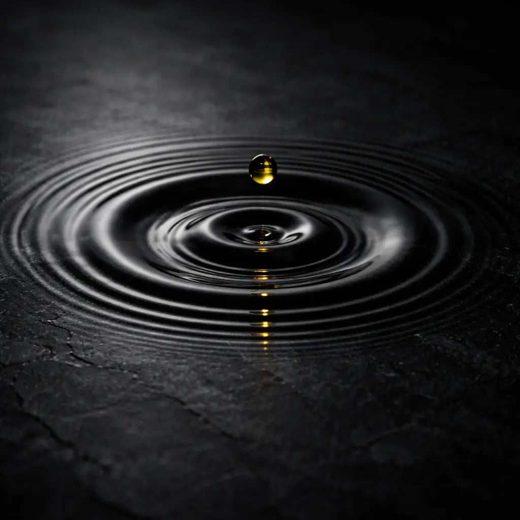oil drop ripple on dark surface representing skin barrier repair and overstimulation in minimalist skincare