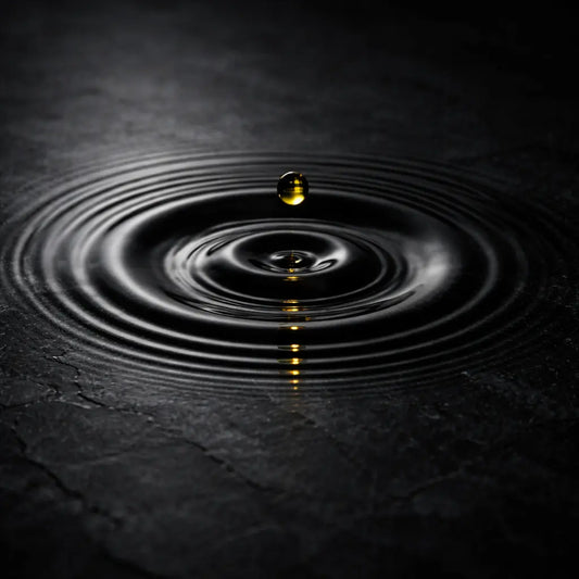 oil drop ripple on dark surface representing skin barrier repair and overstimulation in minimalist skincare