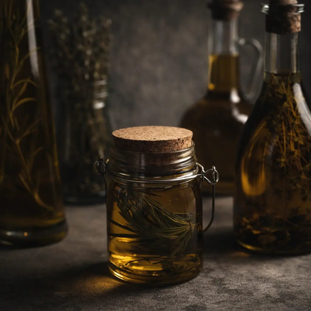 Herb-infused oil in glass jars with soft natural light