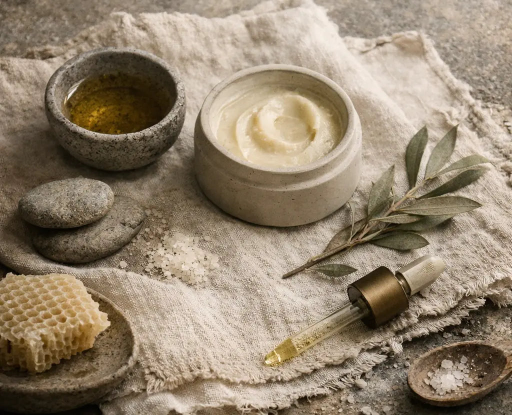 Muted still-life of natural skincare oils and balm on linen and stone, representing minimalist skincare for sensitive skin and skin barrier support.