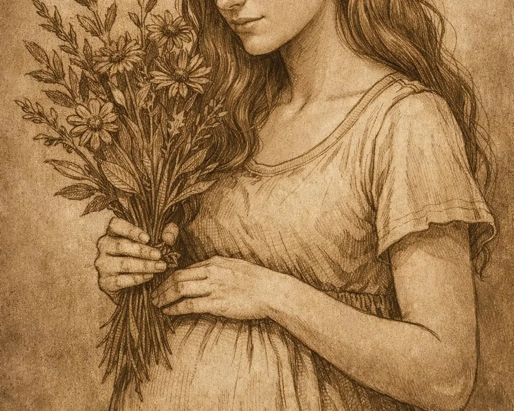 Soft, vintage-style illustration of a woman holding wildflowers in muted, earth-toned hues.