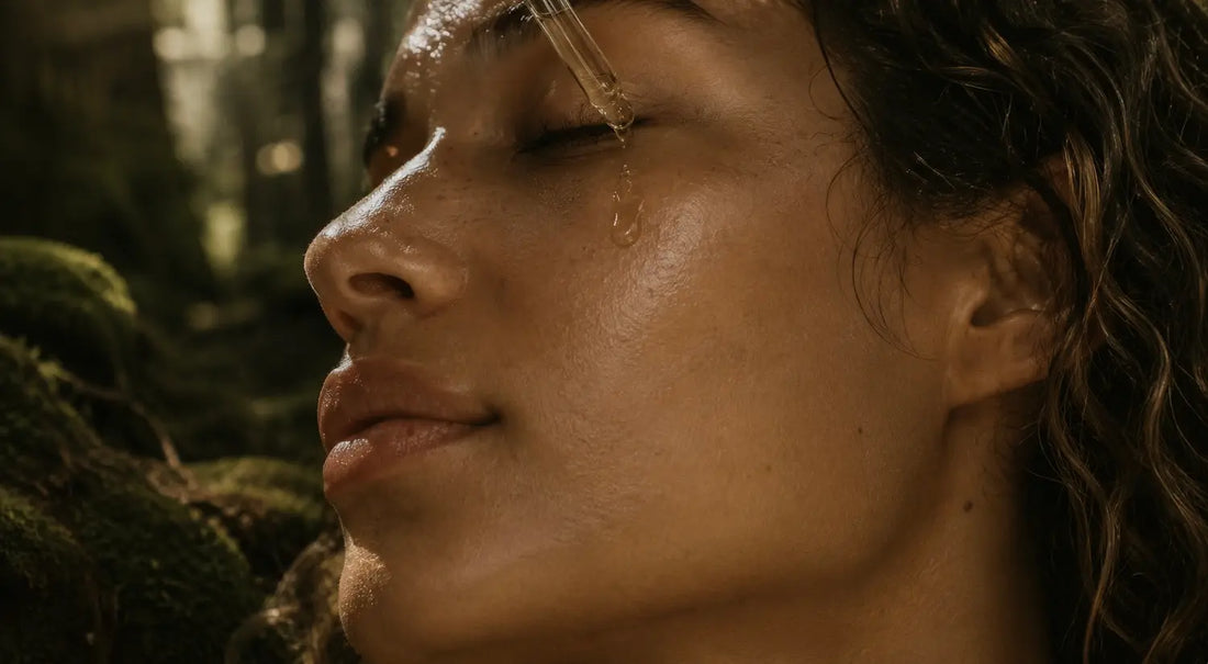 Woman with dewy skin in a misty pine forest as golden facial oil drips from a glass dropper onto her closed eyelid, surrounded by moss-covered rocks and soft shadowed woodland light.
