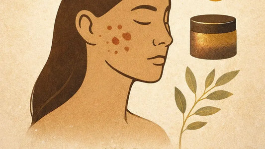 Minimalist illustration of a woman with hormonal acne, olive halo, oil drop, jar, and botanical sprig on an off-white background.