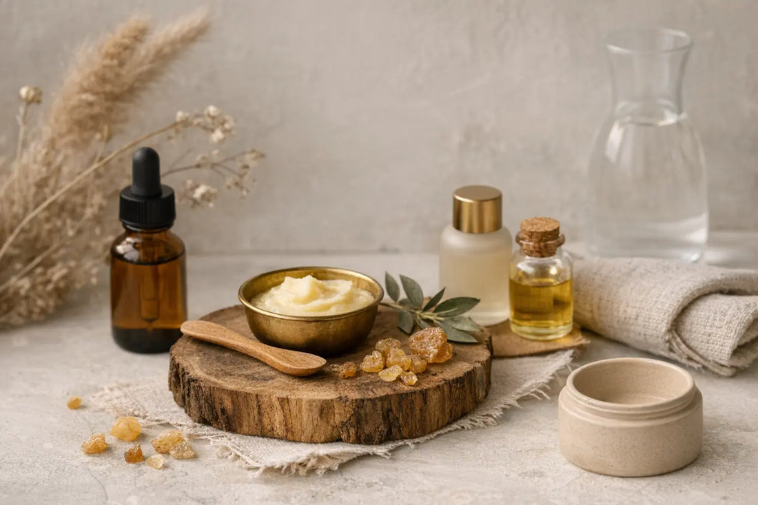 Minimalist still life of waterless skincare ingredients including amber glass bottles, a brass bowl of balm, botanical resins, and natural textures on a neutral background.