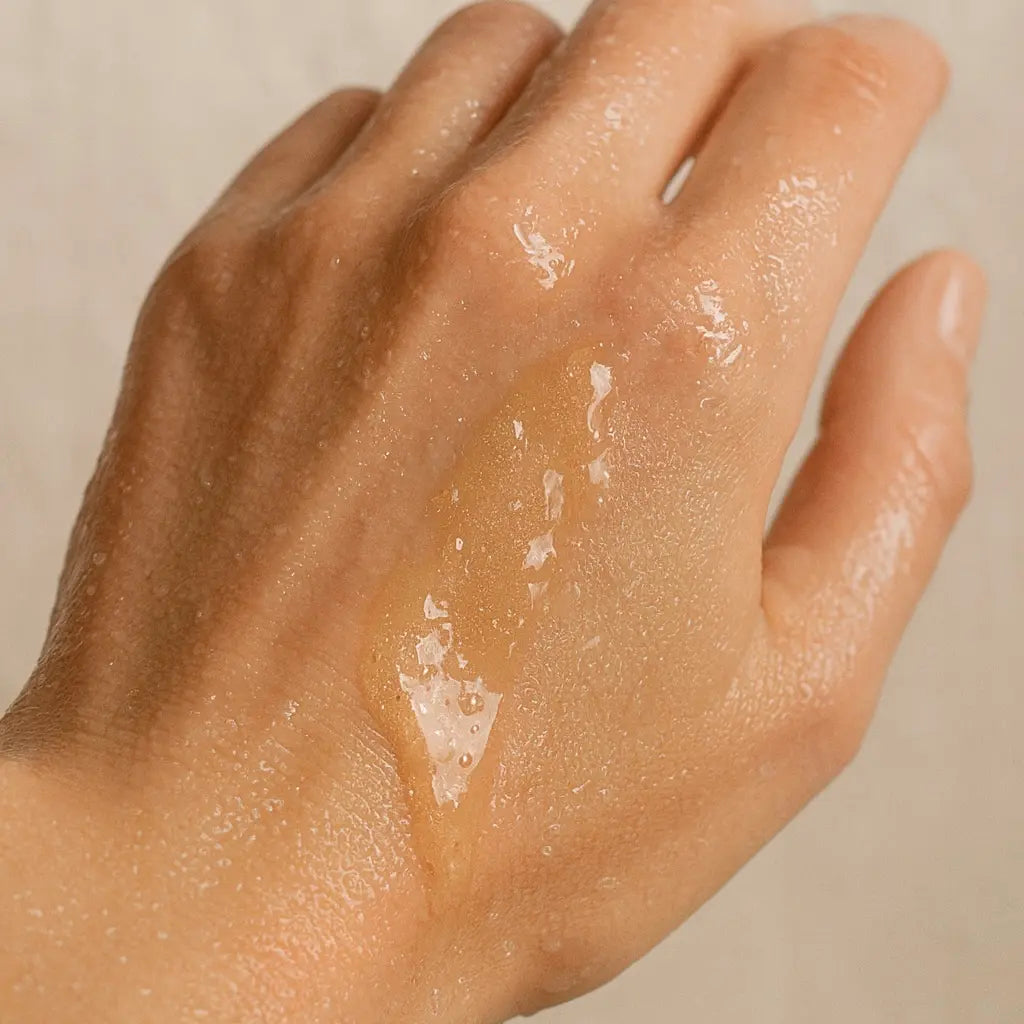 body shower oil on wet hand to show texture and color of selah