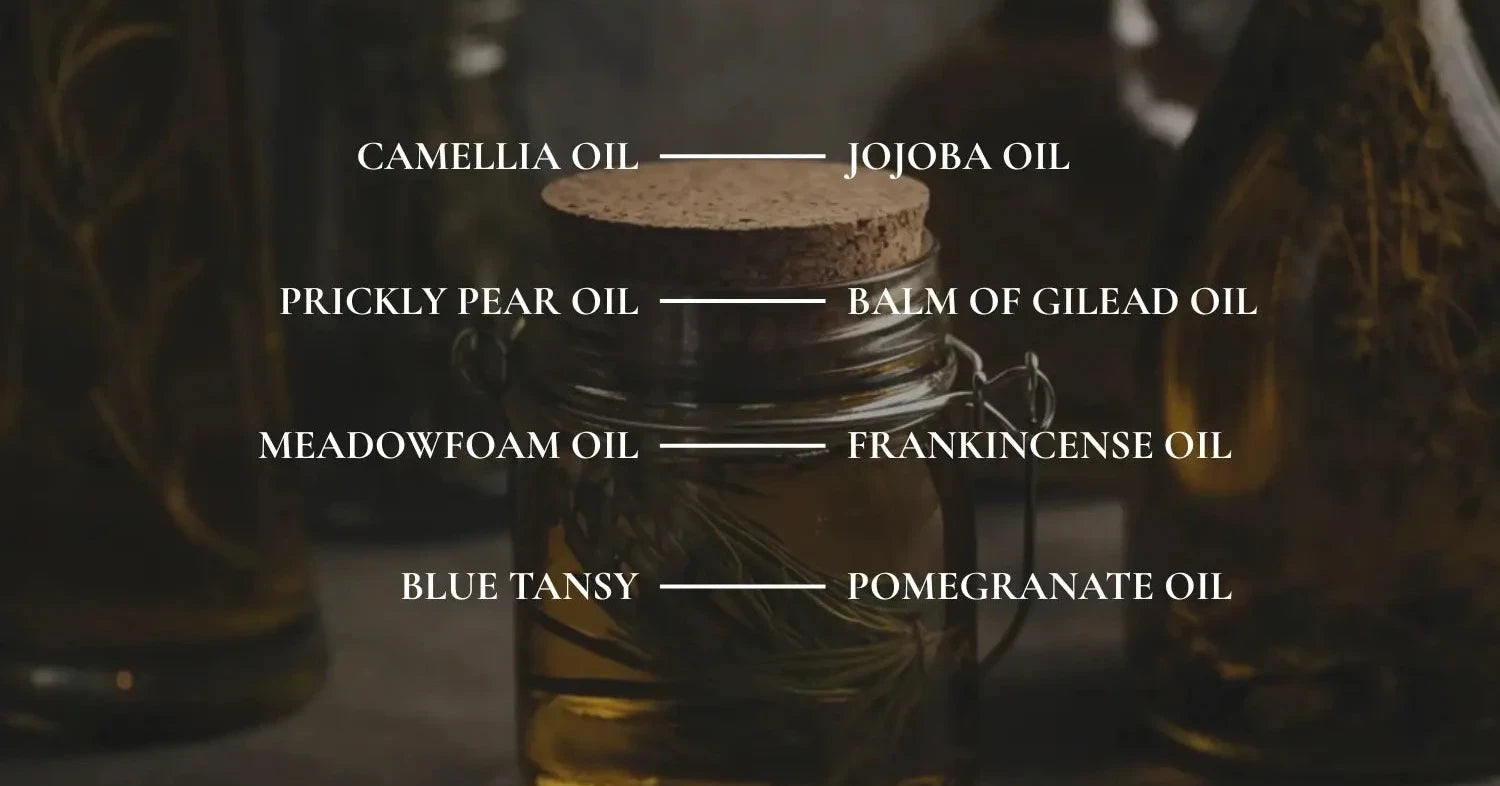 Jars of various oils with labels on a dark background
