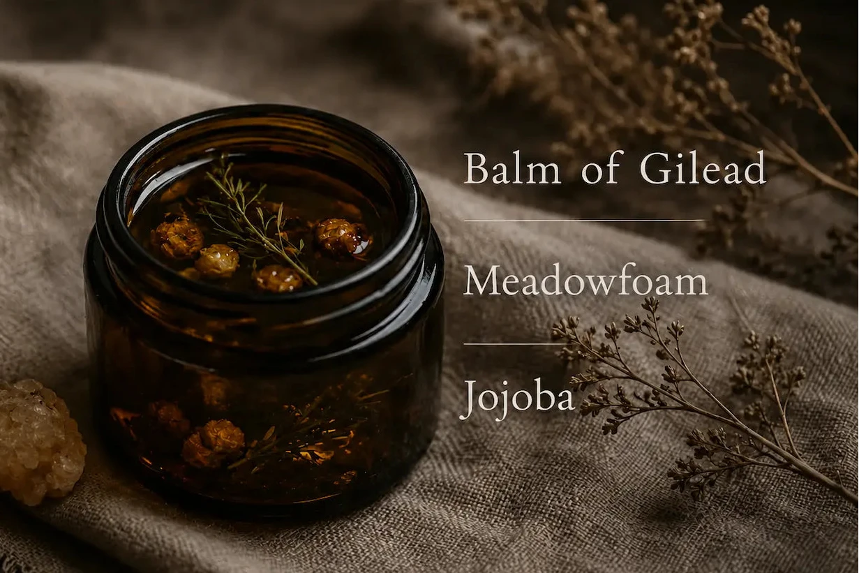 Jar of balm labeled 'Balm of Gilead' with ingredients on a textured fabric background