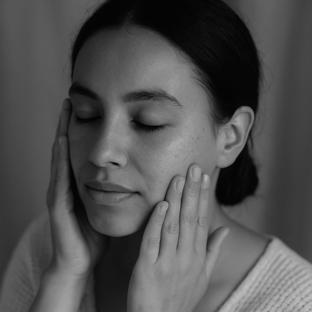 Black and white portrait of a woman with her eyes closed, gently touching her face.