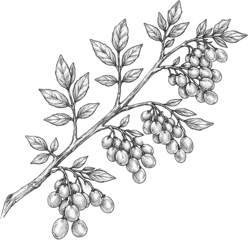Black and white illustration of a branch with berries and leaves
