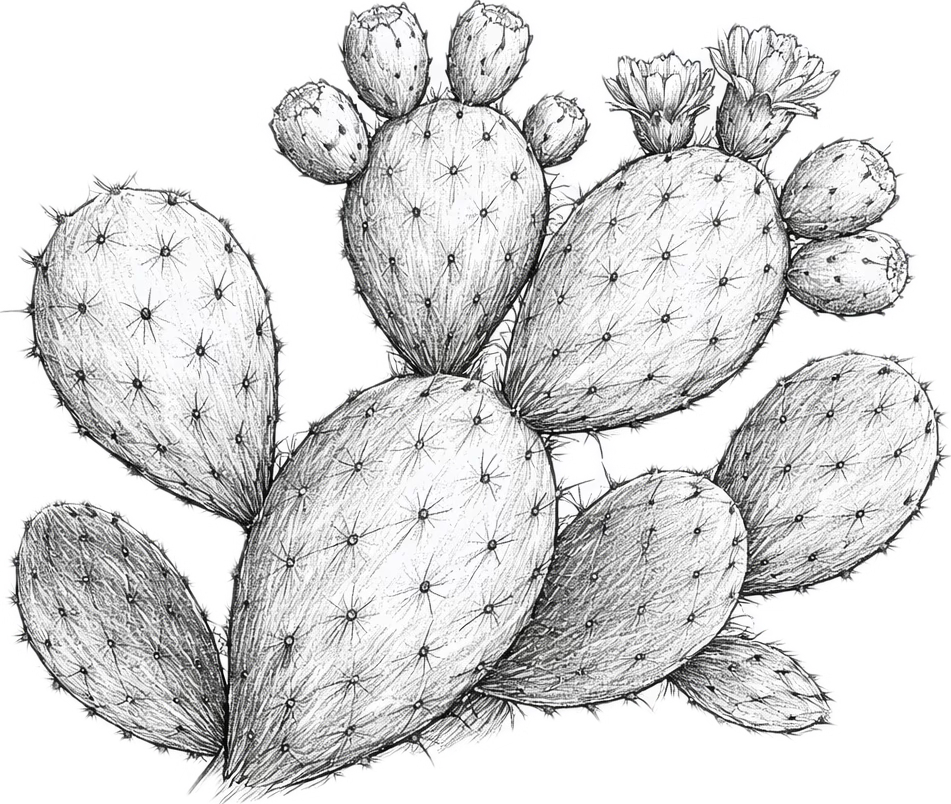 Detailed black and white drawing of a cactus with flowers on a white background