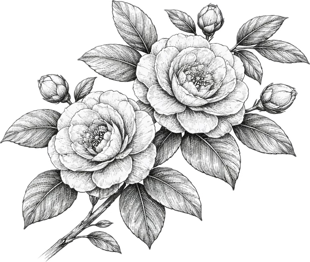 Black and white illustration of flowers and leaves on a white background