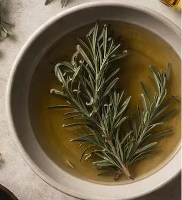 Herbal remedies with bottles of oil, bowls of herbs, and flowers on a textured surface