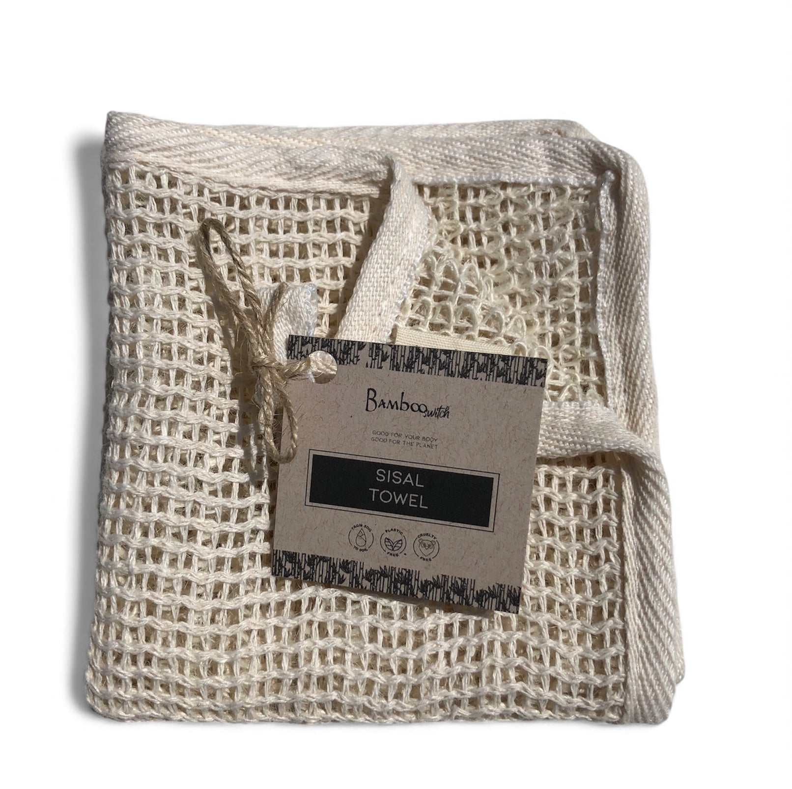 Sisal towel with a label on a white background