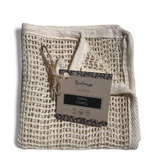 Sisal towel with a label on a white background