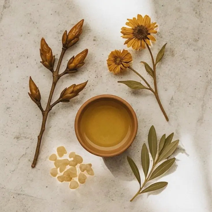 Ceramic bowl with yellow liquid surrounded by dried flowers and leaves on a light background