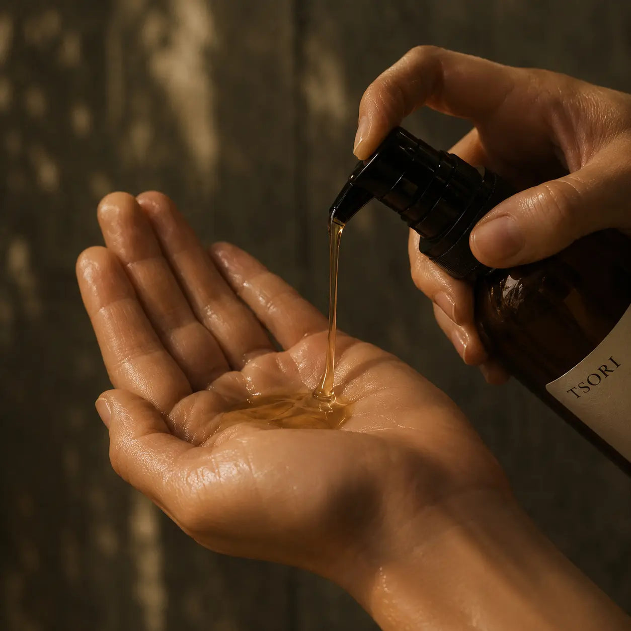 Hand pouring a clear liquid from a bottle labeled 'TSORI' into another hand.
