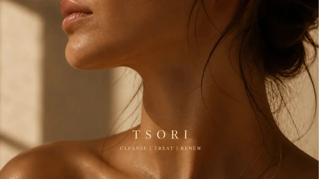 Close-up of a woman's neck and shoulders with 'TSORI' branding.