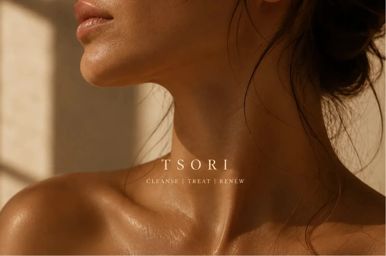 Close-up of a woman's neck and shoulders with 'TSORI' branding.