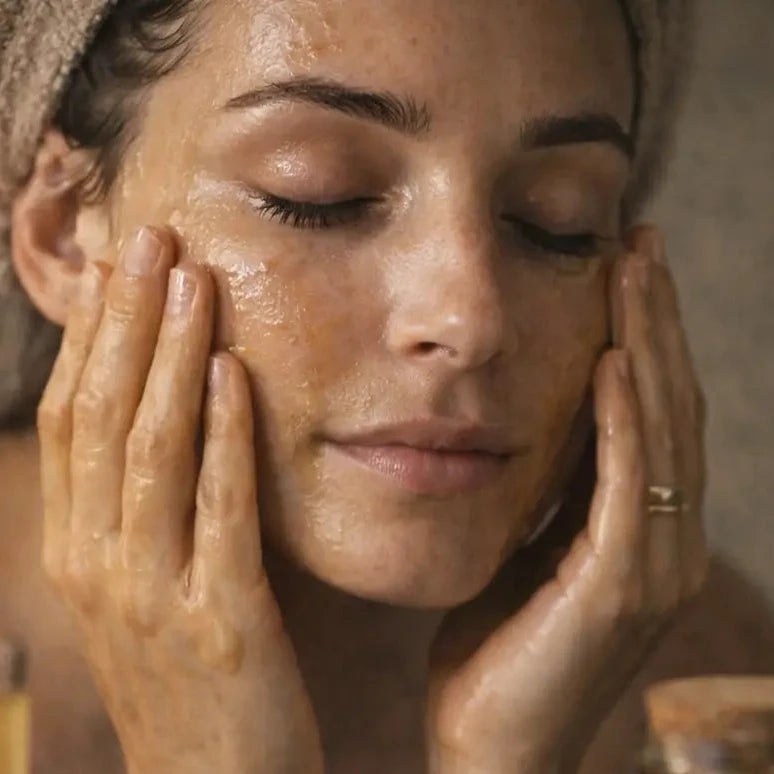 Woman applying oil to her face with skincare products around her.