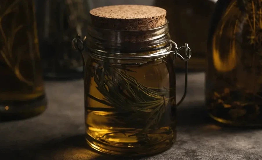 Glass jar with cork lid containing a green herb, surrounded by other bottles on a dark surface.