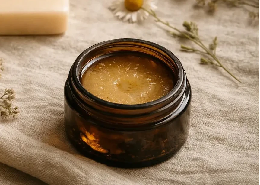 Cosmetic products including a bottle, jar, and bars of soap on a textured surface with flowers.
