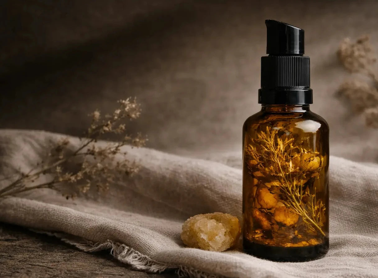 Brown glass bottle with black cap on a textured surface with dried plants